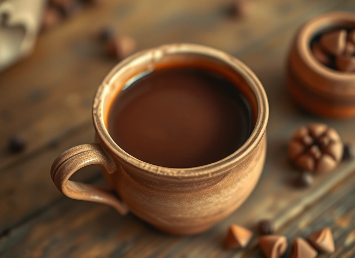 Fotorealistische Nahaufnahme einer handgefertigten, natürlichen Tontasse, gefüllt mit dunklem, cremigem Kakao. Die Tasse steht auf einem rustikalen Holztisch, sanftes warmes Licht, dezenter unscharfer Hintergrund.