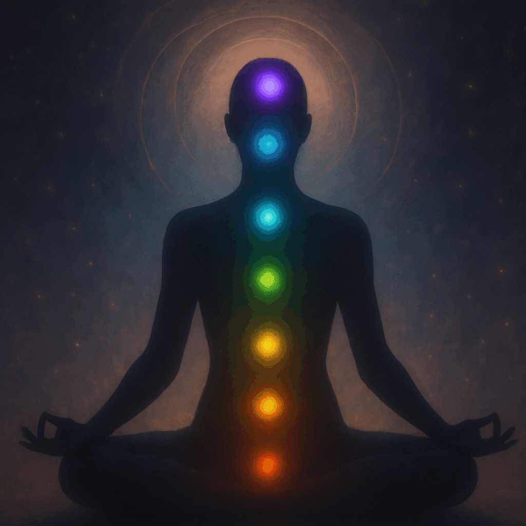 KI generiertes Bild einer menschlichen Silhouette mit den 7 Chakren
