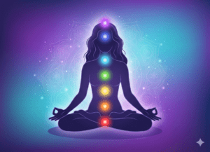 Illustration einer meditierenden Frau im Lotussitz, zentriert im Bild. Entlang ihrer Wirbelsäule leuchten die 7 Chakren in Regenbogenfarben vor einem weichen, violett‑blau‑türkisen, mystischen Hintergrund mit dezenten Mandala‑Elementen.